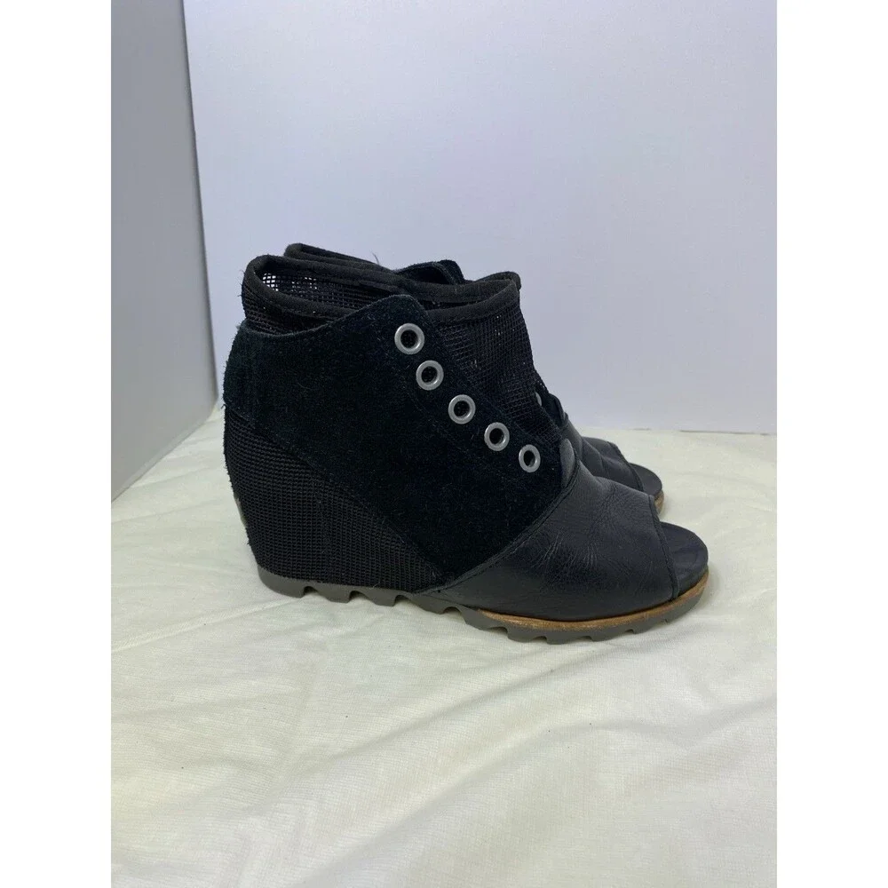 Sorel Suede Leather Open Toe Joanie Mesh Wedge, Black, size 8, womens - Picture 2 of 7